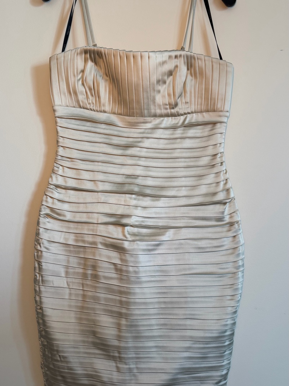 Calvin Klein Cream Satin Strapless Pleated Bodycon Dress